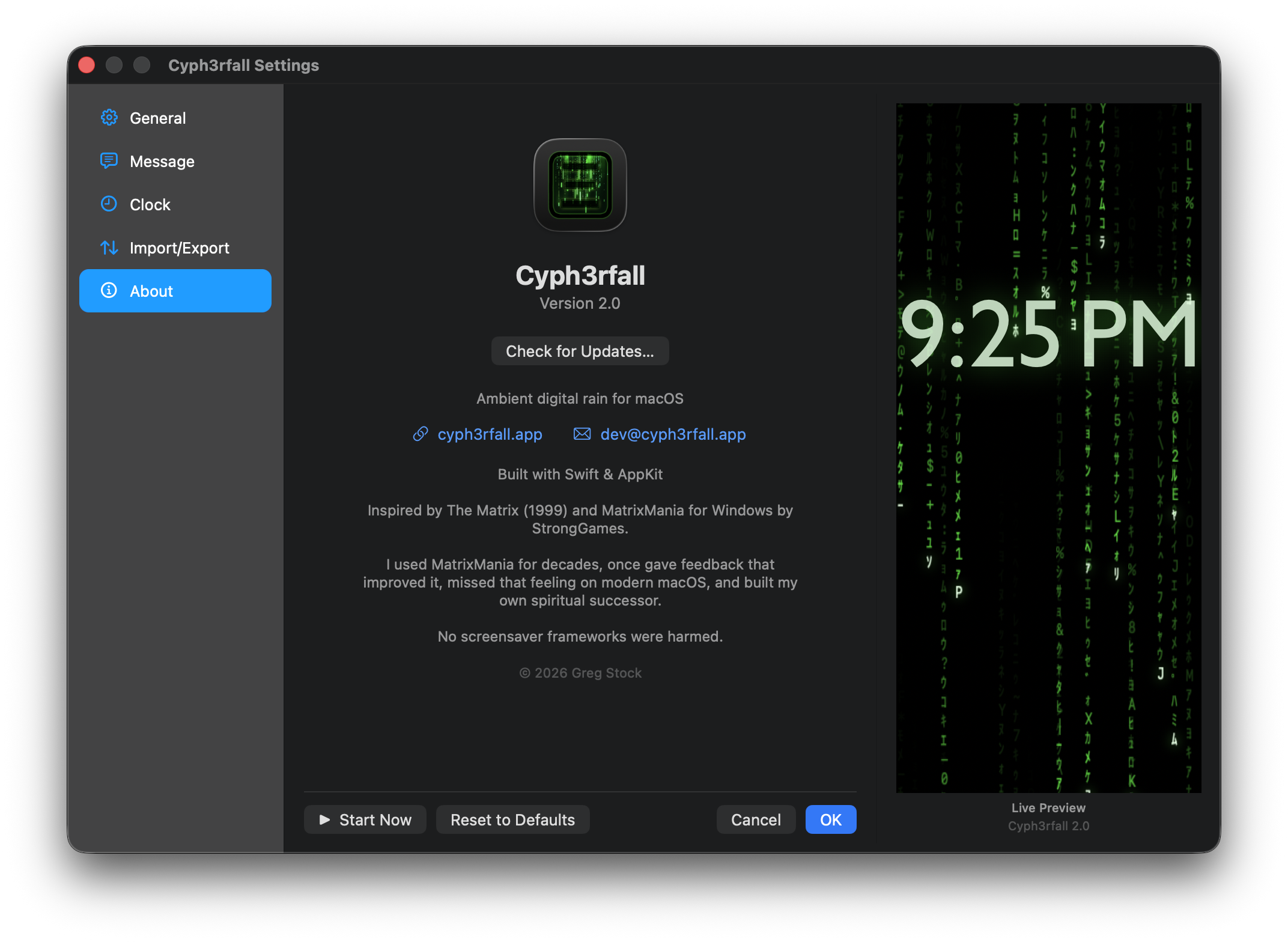 About tab in Cyph3rfall Settings — app icon, version 2.0, Check for Updates button, tagline, website and contact links, credits, and copyright.