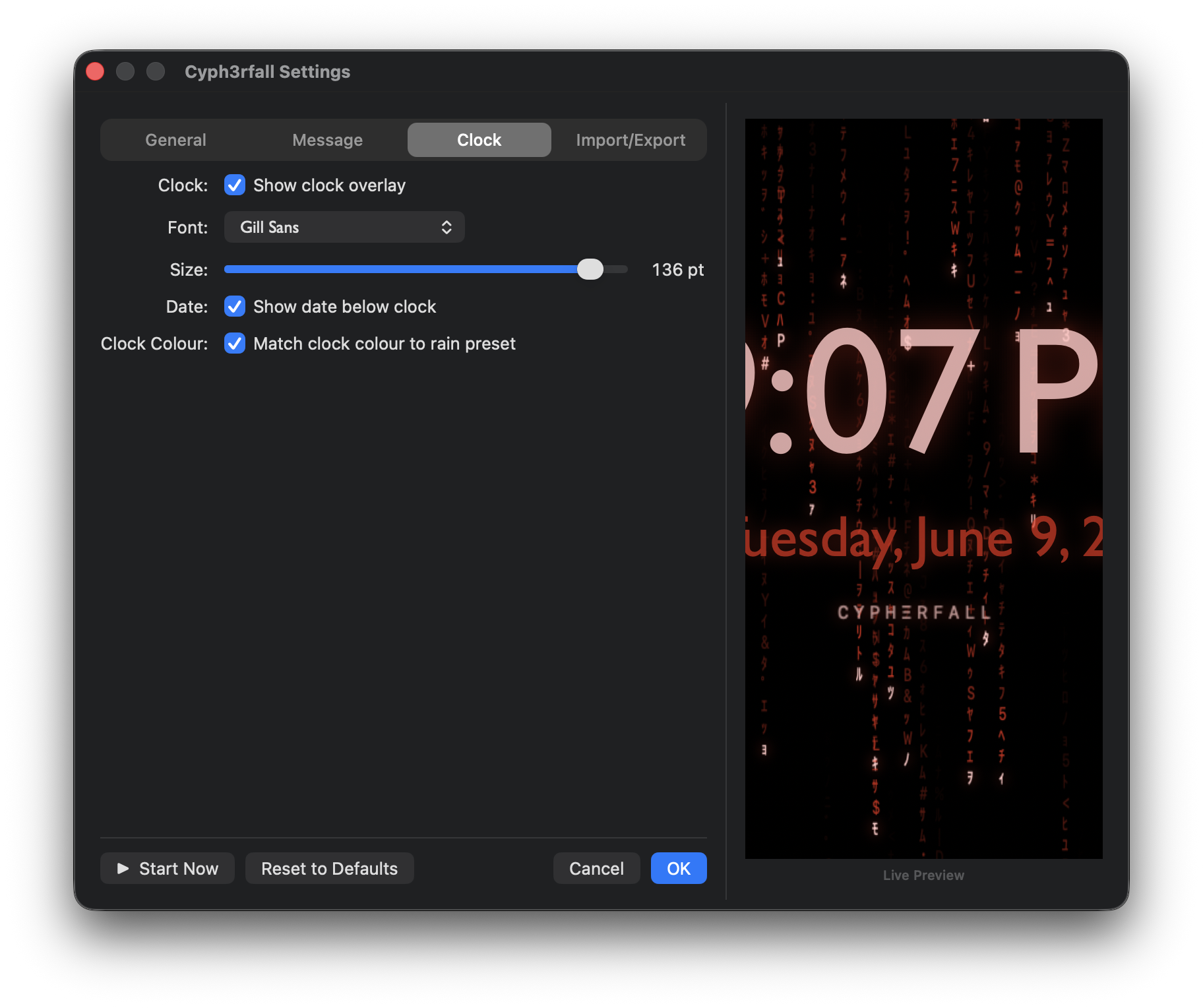 Clock tab — show clock overlay toggle, font picker, size slider, date toggle, and clock colour preset option.