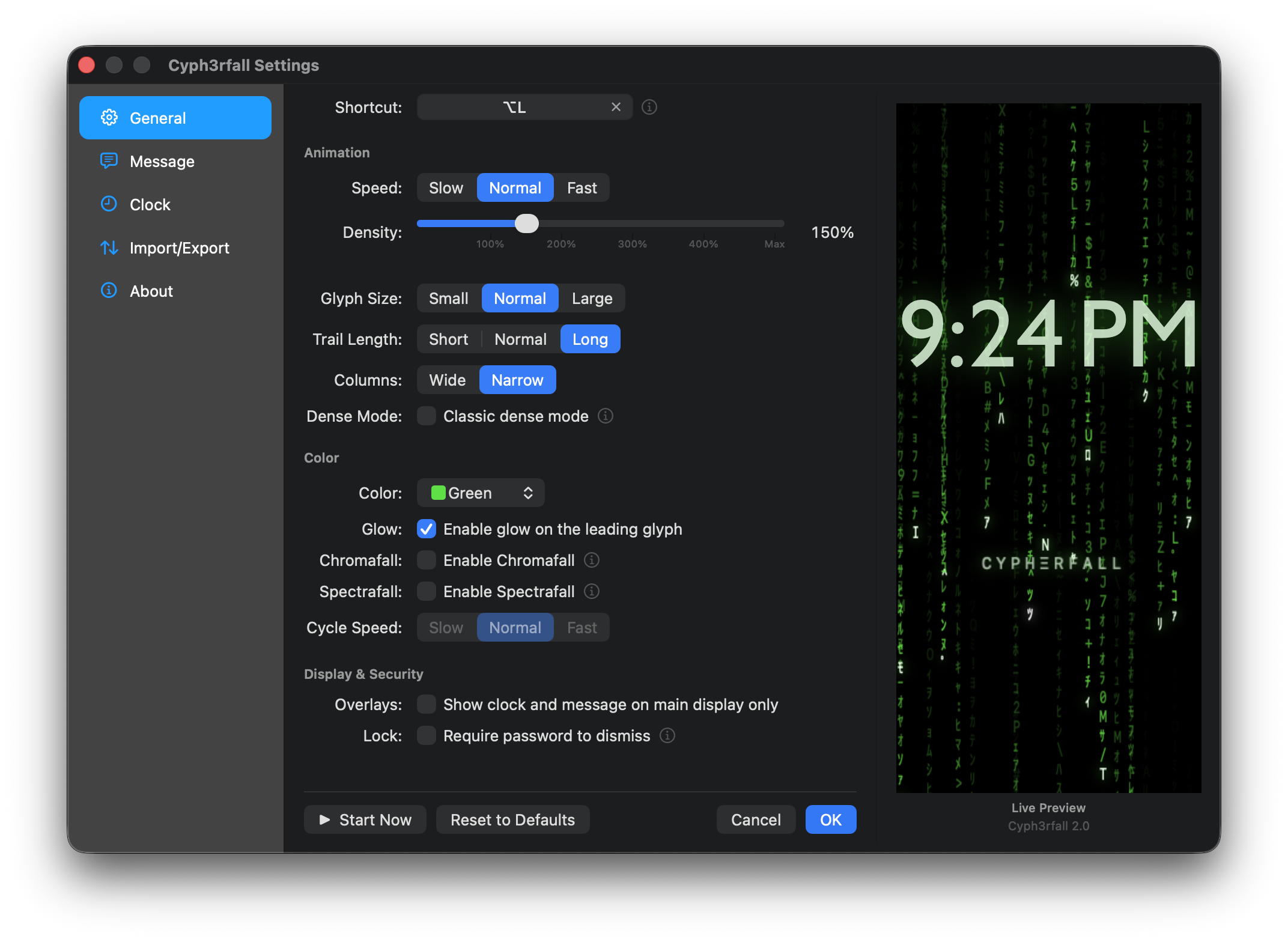 Cyph3rfall Settings in dark mode — sidebar navigation showing General, Message, Clock, Import/Export, and About tabs; General tab open with Animation, Color, and Display & Security sections; live rain preview on the right.