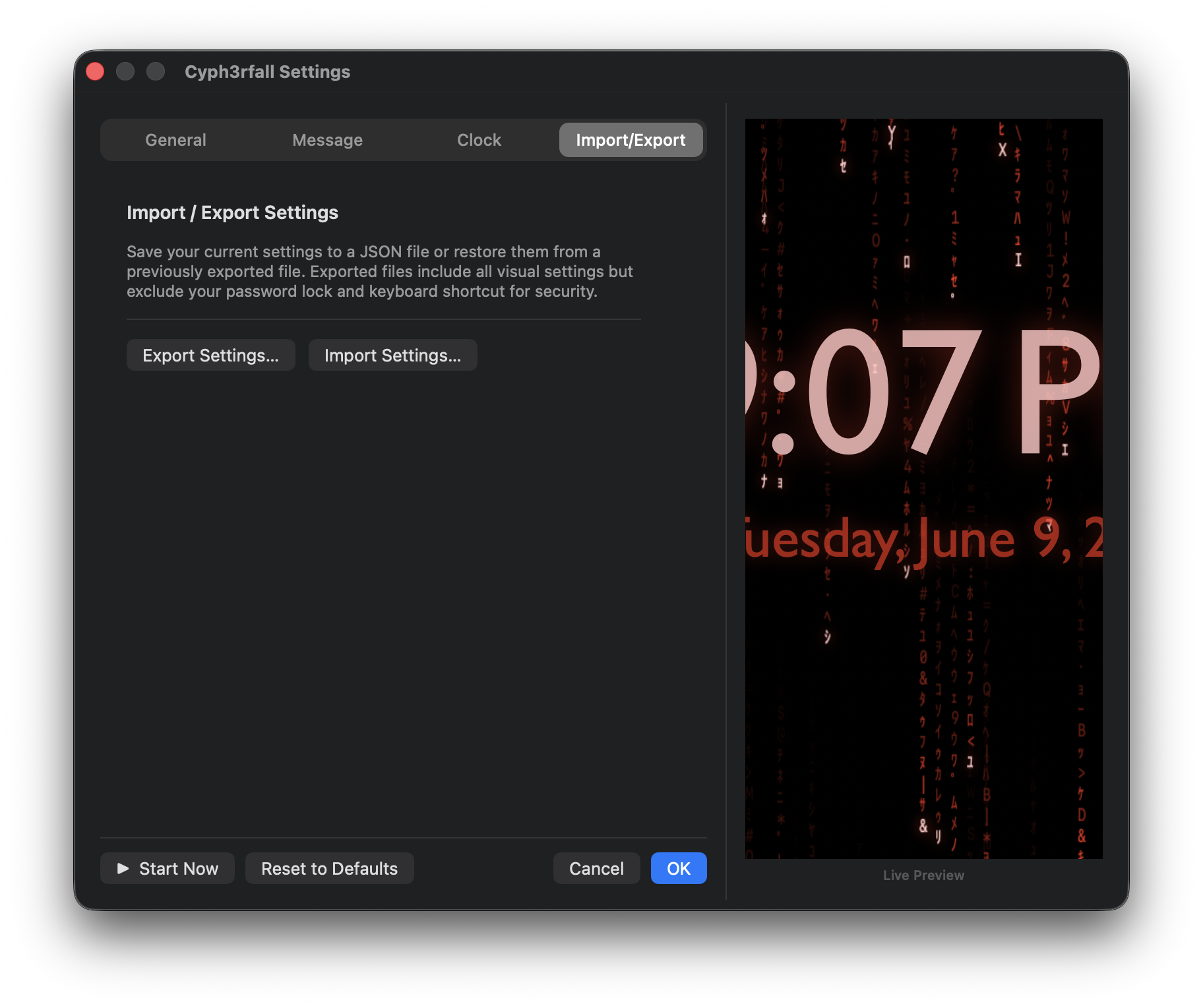 Import/Export tab — Export Settings and Import Settings buttons for backing up and restoring your preferences.