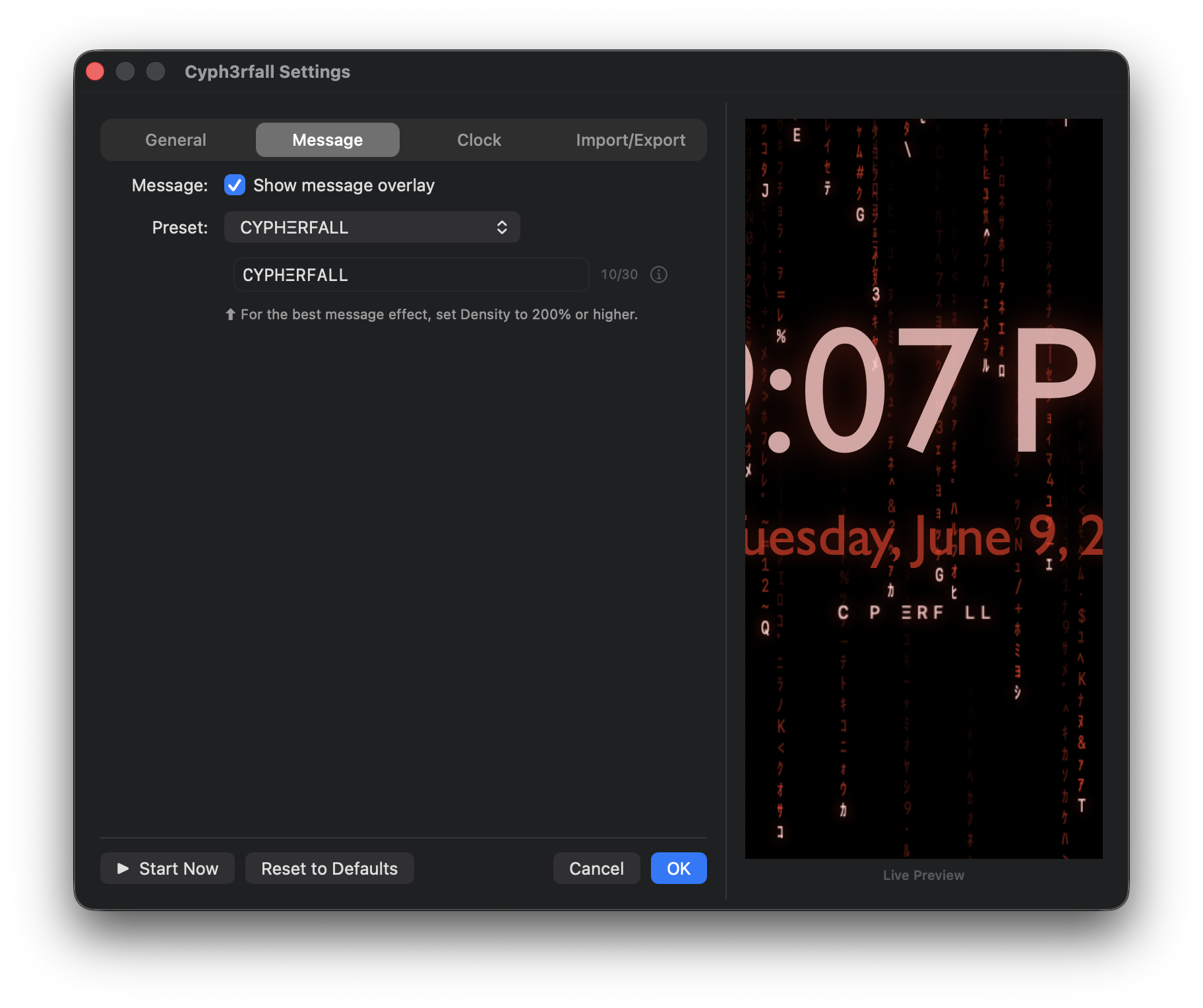 Message tab — show message overlay toggle, preset selector, and custom message text field.