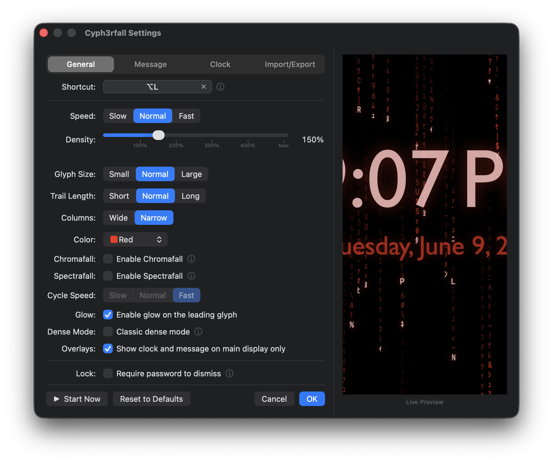 General tab — speed, density, glyph size, trail length, column spacing, colour preset, Chromafall, glow, dense mode, and password lock settings, with a live rain preview.